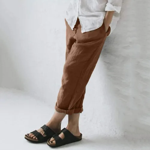 Vista 3 de JOFOW Pantalones para mujer de lino sólido Casual largo recto pierna pantalones