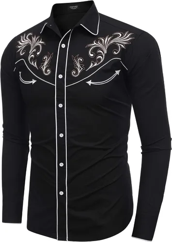 Vista 3 de COOFANDY Camisa vaquera occidental bordada de manga larga de algodón casual con botones para hombre