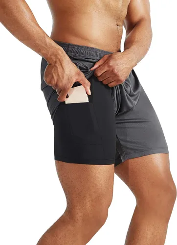 Vista 5 de Neleus - Shorts 2 en 1 para entrenar y correr para hombre, con forro, tela Dri-Fit, con bolsillos