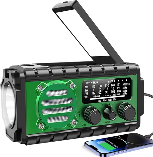 Vista 7 de Radio de emergencia con manivela de 20000 mAh, radio meteorológica SW/NOAA/AM/FM, manivela accionada por energía solar con batería Bige, portátil