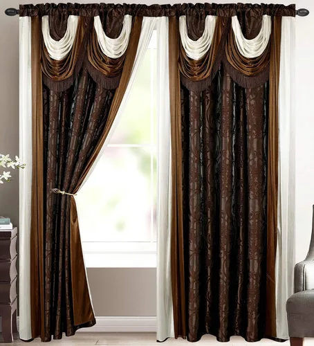 Vista 12 de V Bella - Panel de cortina jacquard de lujo con cenefa de cascada adjunta y bufanda, 54 x 84 pulgadas, color beige