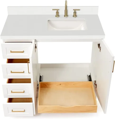 Vista 10 de ARIEL Taylor - Lavabo de baño individual de 43 pulgadas en blanco, parte superior de cuarzo con borde de 1.5 pulgadas, madera maciza, fregadero