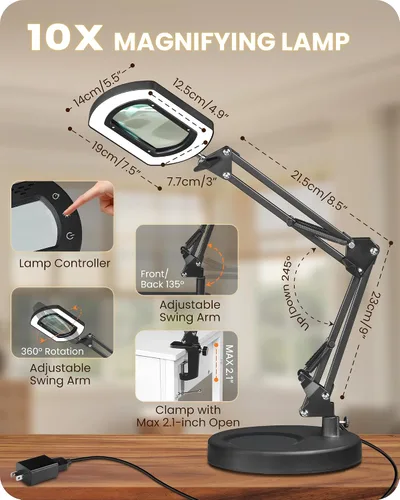 Vista 5 de Lupa redonda de 10 veces con luz y soporte, lámpara de escritorio con luz LED 2 en 1 y abrazadera, 5 modos de color regulable continuo, lámpara