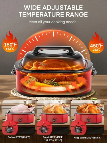 Vista 3 de FOHERE Horno asador eléctrico de 26 cuartos de galón con tapa visible y autofundante, tostador grande de pavo con función de descongelación y calor