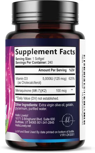 Vista 8 de Vitamina D con K2 (MK-7) – Vitamina D3 5000IU (125 mcg) por porción – Suplemento complejo D3K2 para huesos, dientes, músculos, absorción de calcio