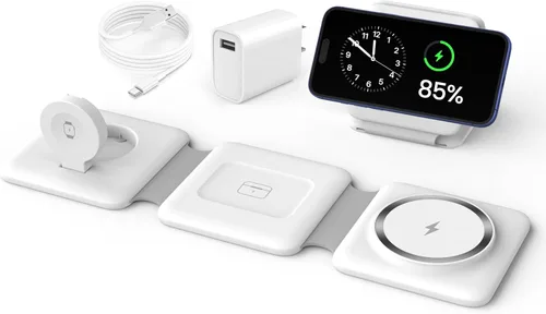 Vista 11 de Iseyyox Estación de carga para dispositivos Apple – Base de carga inalámbrica plegable magnética 3 en 1 – Almohadilla de carga de viaje para MagSafe