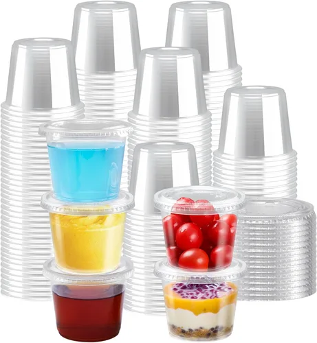 Vista 9 de Clawsoff 360 juegos de vasos desechables de plástico transparente de 4 Vasos de gelatina aptos para alimentos, pequeños recipientes de condimentos a