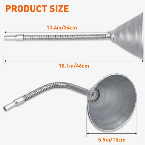 Vista 2 de Embudo universal de acero flexible con filtro y tubo flexible, galvanizado para todos los aceites automotrices, combustible diesel y otros líquidos