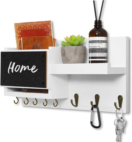 Vista 7 de Estante decorativo para colgar llaves con 8 ganchos, fácil de instalar, soporte de madera natural para llaves y correo para montaje en pared