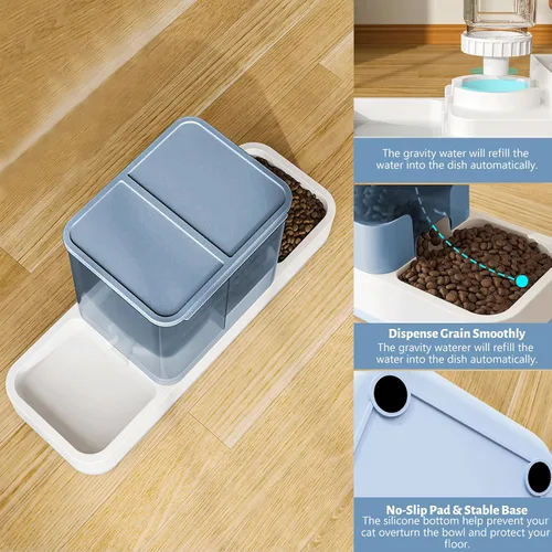 Vista 4 de Yummy Sam Alimentador automático para mascotas pequeñas y dispensador de agua, 2 en 1 por gravedad para gatos, juego de comedero automático para Azul