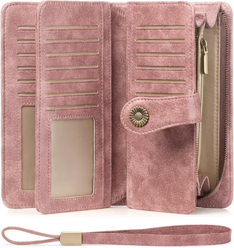 Vista 16 de FALAN MULE Cartera de cuero para mujer, de gran capacidad, bifold, con bloqueo RFID, tarjetero con bolsillo para monedas con cremallera Aa-negro.