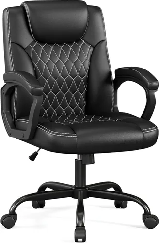 Vista 9 de Misolant Silla de oficina, silla de escritorio ejecutiva, cómodas sillas ergonómicas de piel sintética con reposabrazos fijo, altura ajustable Blanco