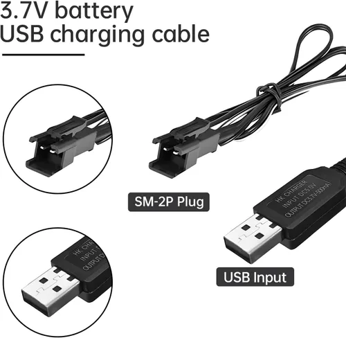 Vista 2 de Cable de carga USB de 3.7 V 500 mAh con conector de enchufe SM-2P para vehículos RC