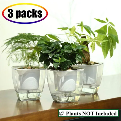 Vista 2 de FENGZHITAO - Maceta de riego automático, macetas de plástico transparente con riego automático, maceta cuadrada para todas las plantas de casa