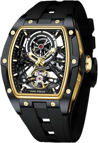 Vista 8 de AIMES Men's Tonneau Skeleton Automatic Mechanical Watch, Silicone Strap, 5ATM Water Resistance Silicone Strap Men's Wristwatch Ideal Gift for Men