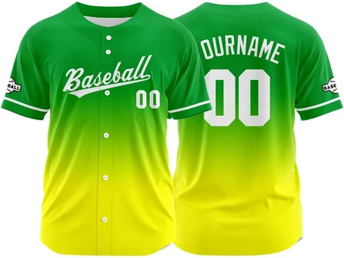 Vista 24 de Camiseta de béisbol con degradado personalizado, nombre, número y logotipo personalizados para hombres, mujeres y niños