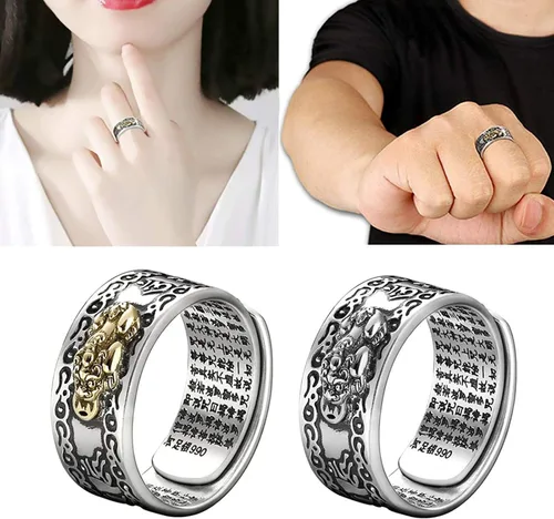 Vista 7 de SLINHEWEI Anillo de Feng Shui Pixiu Mantra 2023, anillo Pixiu Feng Shui para hombres y mujeres, anillo ajustable para riqueza y protección, amuleto