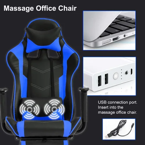 Vista 7 de Silla de juegos con reposapiés y soporte lumbar de masaje, silla reclinable de altura ajustable con respaldo alto para adultos, giratoria 360