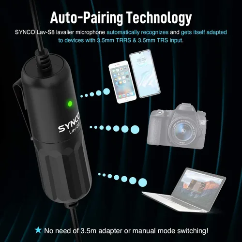 Vista 2 de SYNCO Micrófono Lavalier para DSLR, Lav S8 Micrófono de solapa para iPhone Cámara PC Android Reducción de ruido Auto-Emparejamiento Omnidireccional