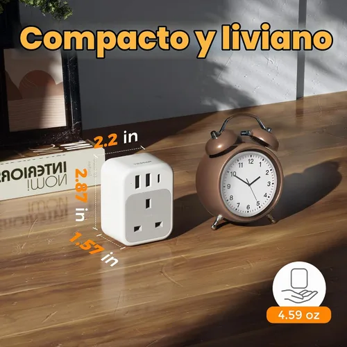 Vista 5 de TESSAN - Adaptador de viaje de Reino Unido a EE. UU. con salida de CA 3 USB (1 USB C)
