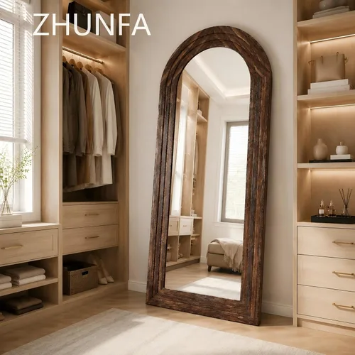 Vista 2 de ZHUNFA Espejo arqueado de cuerpo entero con marco de madera maciza, 65x22 Marco rústico marrón interno de tres capas