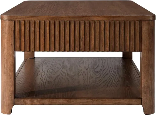 Vista 9 de HULALA HOME Mesa de centro moderna acanalada con almacenamiento, mesa de centro de chapa de roble de madera con mesa ancha, 2 cajones y estante Nogal