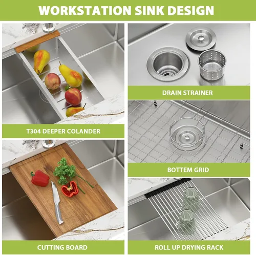 Vista 6 de Fregadero de 28x19x9 Inch Single Bowl Integrated Ledge Deep Bowl Handmade Under Counter Sink