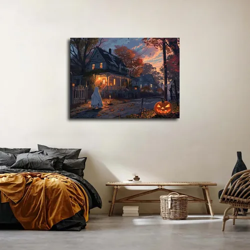 Vista 3 de chenmjj Póster de Halloween con imágenes de fantasmas aterradores y calabaza, póster pintado retro moderno para el hogar, dormitorio, habitación