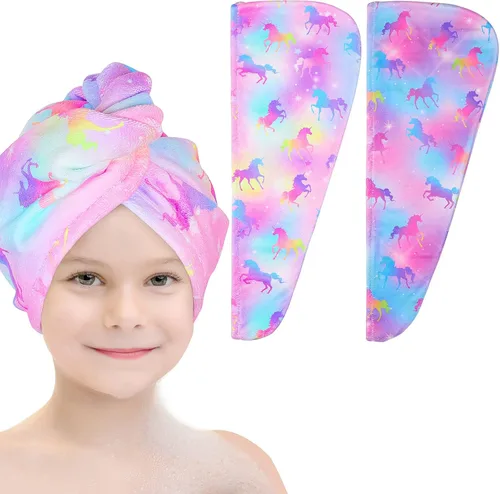 Vista 20 de Basumee Toalla Envolvente de Microfibra para el Cabello para Niños Paquete de 2 Toallas de Cabello de Secado Rápido con Botón Turbantes para Cabello