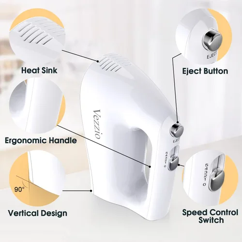Vista 5 de Vezzio - Batidora de mano eléctrica, batidora de mano de cocina de 5 velocidades con botón de expulsión, 5 accesorios de acero inoxidable