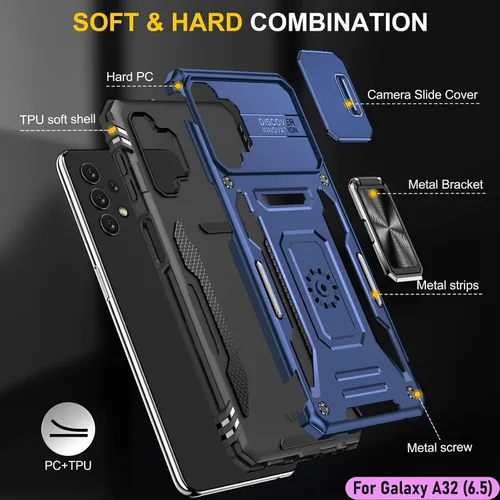 Vista 3 de Funda resistente para Samsung Galaxy A32 (5G), protector híbrido de goma de doble capa de grado militar con protector de cámara deslizante, soporte