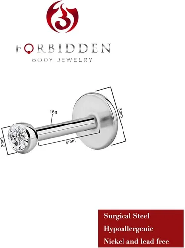 Vista 2 de Forbidden Body - Piercing de acero quirúrgico de acero quirúrgico con rosca interna de micro circonita cúbica, tragus, labret, hélice, parte
