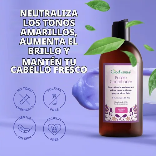 Vista 5 de Just Nutritive Acondicionador morado para cabello rubio, gris, blanco, plateado y decolorado, elimina el cobrizo, aumenta el brillo, repara