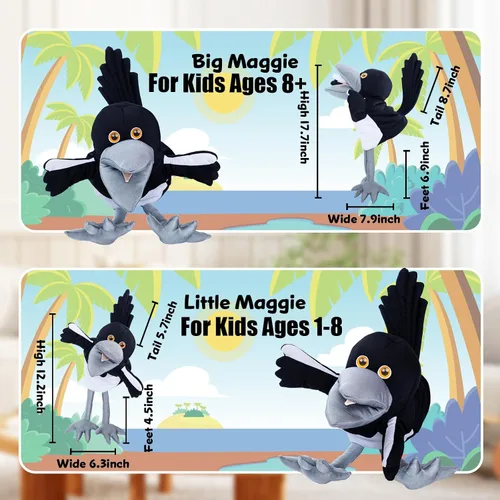 Vista 3 de Steve and Maggie Juguete de peluche – Marioneta de mano de Maggie Urraca para niños mayores de 1 año, marioneta de pájaro suave para juego