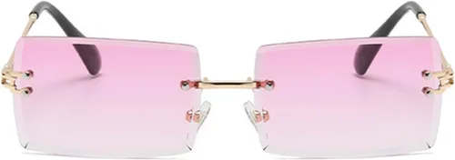 Vista 4 de LASPOR Gafas de sol rectangulares sin montura retro para mujeres y hombres, lentes teñidas de metal dorado, sin marco, gafas cuadradas vintage