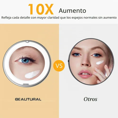 Vista 2 de Beautural Espejo de maquillaje con aumento de 10 veces con luces LED, espejo de maquillaje con aumento iluminado para el hogar, mesa, baño, ducha