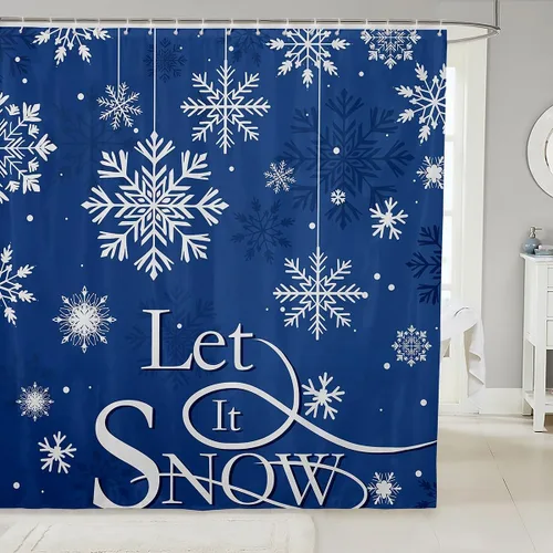 Vista 27 de Homewish Cortina de ducha de árbol de Navidad, juego de cortina de ducha de baño con diseño de copo de nieve dorado para niños y adultos, cortina