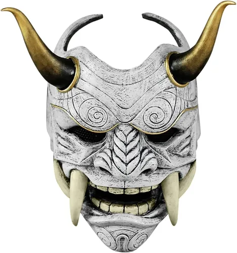 Vista 16 de HTLNUZD Máscara completa de látex de Halloween, máscara de cosplay japonesa para PrajnaHeadgear Samurai Evil KabukiHannya Party Mask Decora Negro
