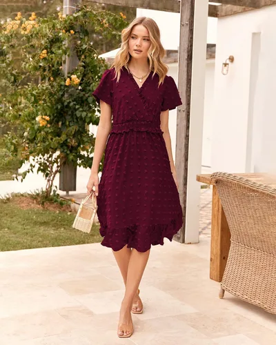 Vista 8 de BTFBM Elegante vestido de verano de manga corta con cuello en V y lunares suizos para mujer, vestido largo bohemio con volantes, vestido de cóctel