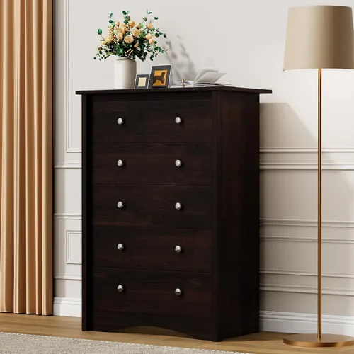 Vista 6 de Flamaker Cómoda alta para dormitorio, cómoda de 5 cajones, cómoda de madera, cómoda ancha, cajones de almacenamiento, organizador de almacenamiento