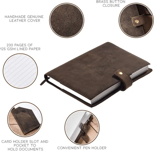 Vista 2 de Diario de cuero recargable, funda de cuaderno de escritura A5 con forro de alta calidad, soporte para bolígrafo y ranura para tarjetas, 200 páginas