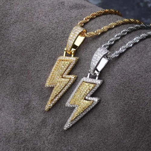 Vista 2 de KMASAL Jewelry Iced Out Lightning Pendant Necklace 18K Gold Plated Bling CZ Simulated Diamond Hip Hop Rapper Chain Necklace for Men Women