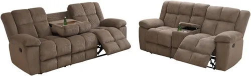 Vista 14 de Juego de sofá reclinable manual de pana extragrande para sala de estar, juego de sofá de pana con mesa desplegable y portavasos para Beige