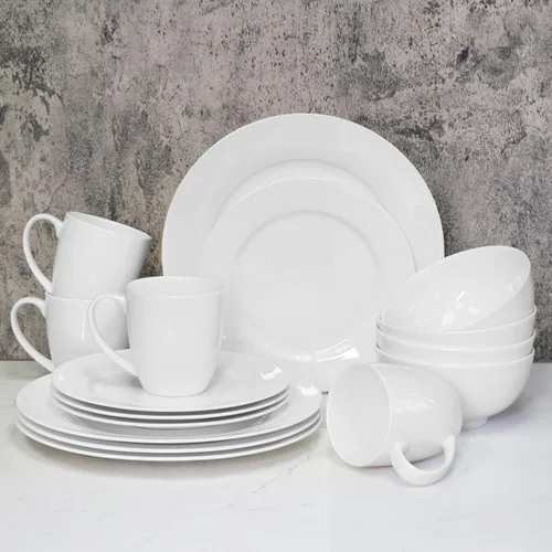 Vista 2 de Bone China - Juego de vajilla de 16 piezas, servicio para 4, blanco, apto para microondas, apto para lavavajillas, resistente a las astillas