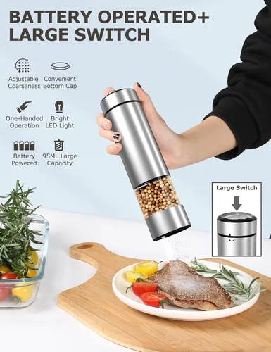 Vista 3 de innhom - Molinillo eléctrico de sal y pimienta, funciona con pilas, molinillo de pimienta de acero inoxidable automático de sal y pimienta