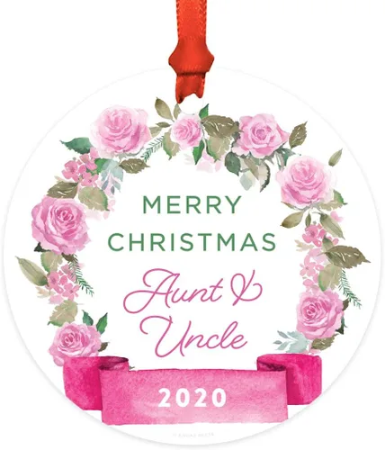 Vista 35 de Andaz Press Adorno de Navidad de madera grabado con láser para aniversario de boda, 1 año juntos, Navidad 2025, pancarta de flores rosas, 1 paquete