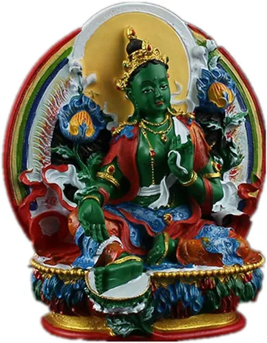 Vista 5 de Green Tara Buddha,Figura budista pequeña tántrica,Mango de resina hecho a mano plateado figura tibetana