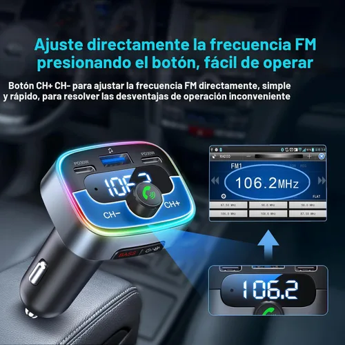 Vista 9 de Adaptador Bluetooth 5.4 de 60 W de carga USB Bluetooth adaptador para coche, radio transmisor FM inalámbrico, llamadas manos libres y receptor