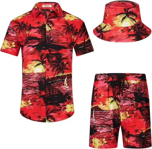 Vista 7 de EISHOPEER Conjunto hawaiano de flores para hombre, camisa de manga corta y pantalones cortos, trajes con sombreros de pescador