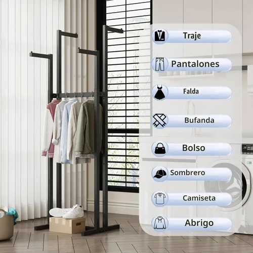 Vista 5 de Percheros de Ropa Negros con 4 Brazos Rectos, Perchero de Metal para Colgar Ropa, Perchero Independiente Heavy Duty, 46" a 63" de Altura Ajustable